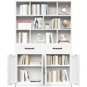 Bookcase Tall With 2 Doors & 2 Drawers, Fixed Open Shelves - White