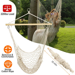 Hammock Chair Hanging Rope Seat Swing w/ Wooden Stick 220lbs Load for Patio Yard Porch Outdoor Bedroom Indoor