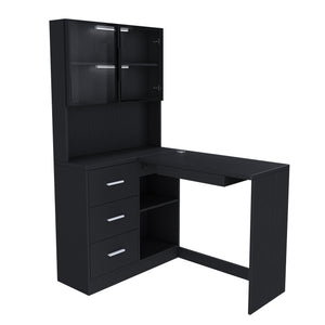 L-Shaped Computer Desk with Glass Cabinets, Built-In LED Lights, and USB Charging Ports