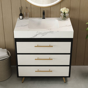 Modern Free-Standing Bathroom Vanity with Ceramic Vessel Sink & Durable Sintered Stone Top