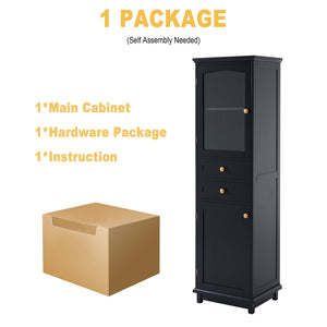 Tall Bathroom Storage Cabinet With Glass Doors, Free-Standing, Two Drawers, And Adjustable Shelves, Board, Painted Perfect For Displaying Your Favorite Items