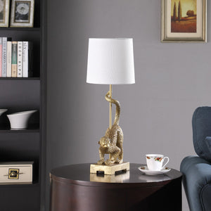 24-Inch Old World Gold Capuchin Monkey Table Lamp with Cotton/Linen Shade - Golden White