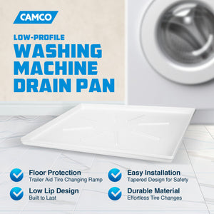 Camco Washing Machine Low Profile Drain Pan with PVC Fitting and Locknut, White