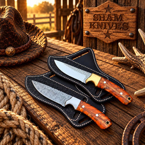 Canyon Fire Cowboy Skinner Set – Rasp & Damascus, Pine Cone Handles