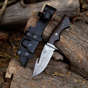Captain Damascus Hunting Knife with Gut Hook & Exotic Wenge Wood Handle - TRAPSKI