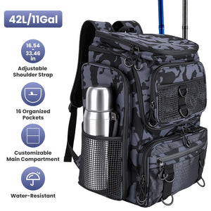42L/11Gal Fishing Backpack Large Capacity Fishing Tackle Storage Bag with Rod Holders 16-Pocket Water-Resistant with Divider Adjustable Padded Straps
