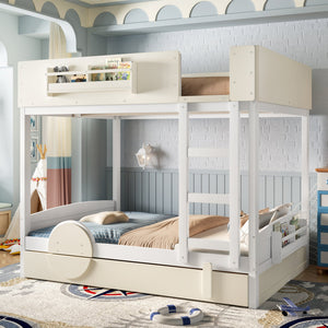 Full Bunk Bed with Trundle, Wood Bunk Bed Frame with Bookshelf