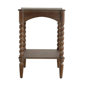 15.5x15.5x23.5' Distressed Brown Wood Side Table with Turned Spiral Legs and Lower Shelf