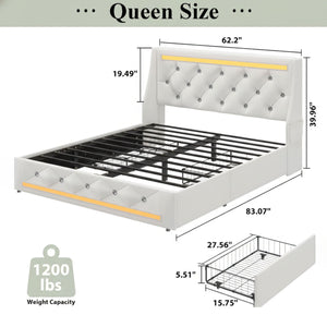 Wingback Upholstered Bed Frame With LED Lights, Charging Station