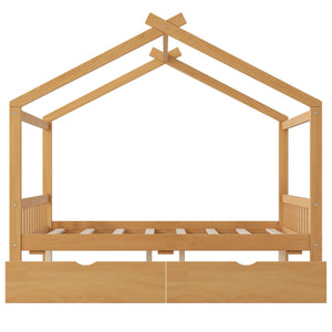 House Style Platform Bed With Headboard, Footboard, 2 Drawers, And Roof Design
