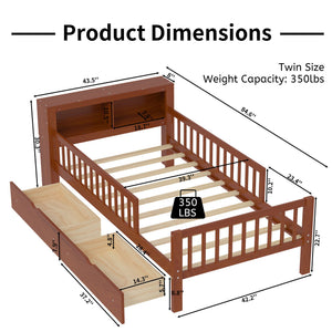 Bed With Headboard Storage Rack, 2 Under Bed Drawers, 3 Side Guardrails For Safety