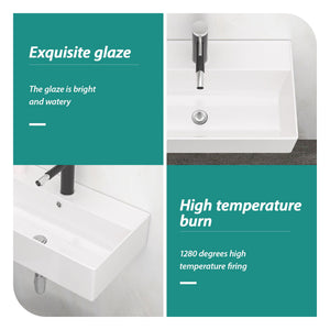 Modern Ceramic Rectangular Wall Mounted Bathroom Sink With Faucet Hole & Overflow