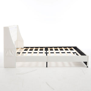 Wingback Upholstered Bed Frame With LED Lights, Charging Station