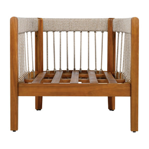 Acacia Wood Outdoor Club Chair with Handwoven Rope Accents & Curved Backrest