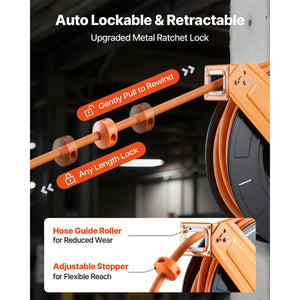 Retractable Air Hose Reel, 1/2 Inch x 65 Ft Rubber Hose