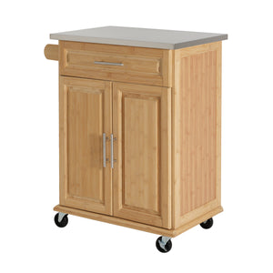 Indoor Compact Bamboo Rolling Kitchen Cart with Stainless Steel Top
