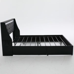 Wingback Upholstered Bed Frame With LED Lights, Charging Station