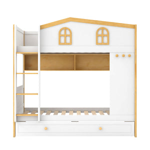 Bunk Bed With House Shaped Guardrails, Storage Shelves, And Trundle