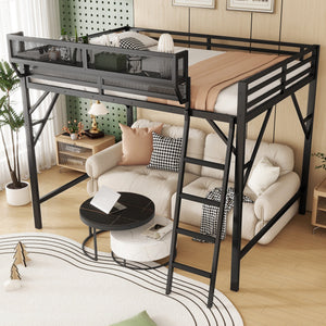 Full Size Loft Bed with Ladder and Storage Shelves
