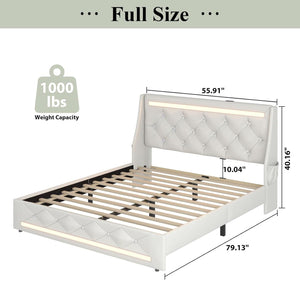 Wingback Upholstered Bed Frame With LED Lights, Charging Station