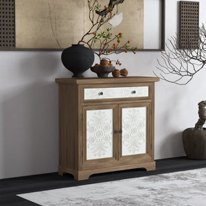 Rustic Vintage Accent Cabinet with Carved Floral Panels