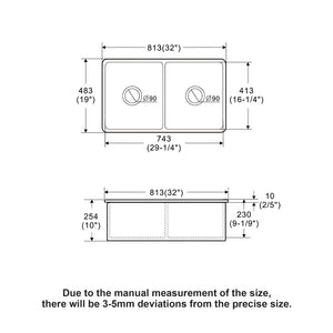 32" Undermount Double Bowl Kitchen Sink Rectangular Deep Dual Bas With Grids - White