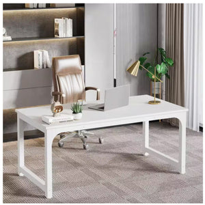 Executive Desk, Large Office Computer Workstation With Thick Frame - White