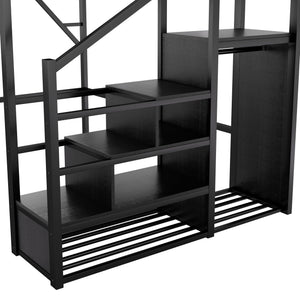 Queen Size Loft Bed With Stairs, Storage Shelves, Wardrobe - Black