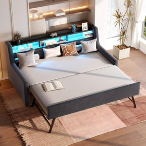 Twin Size Daybed With Trundle With LED Light ? Charging Station - Dark Gray