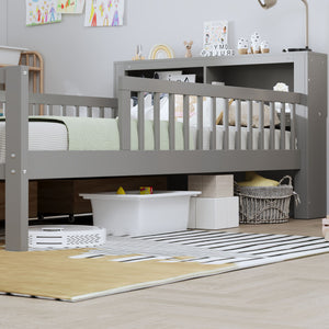 Bed With Headboard Storage Rack, 2 Under Bed Drawers, 3 Side Guardrails For Safety