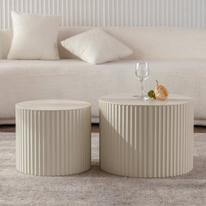 Beige Nesting Coffee Table Set of 2 Modern Drum Side Tables