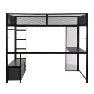 Full Size Gaming Loft Bed With LED Desk, Open Wardrobe, 3 Linen Storage Drawers - Black