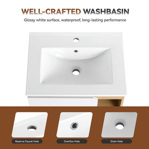 Freestanding Bathroom Vanity With Thin Rim Sink, Single Door With 4 Tier Open Shelves - Light Oak / White