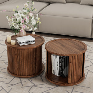 2Piece Round Coffee Table Set, Modern Nesting Side Tables with Sliding Door Storage