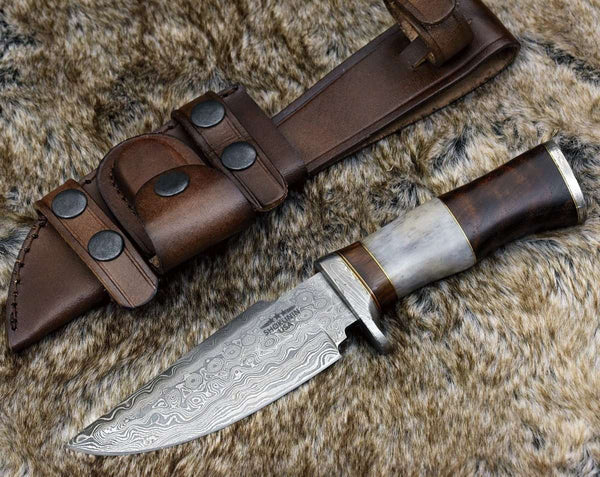 Champion Damascus Hunting Utility Knife with Exotic Rosewood and Bone Handle