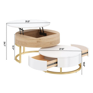 Modern Round Nesting Coffee Tables with Lift-Top and 2 Drawers - White or Black