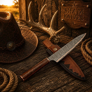 13.5″ Copper Damascus Chef Knife – Rosewood Handle & Sheath
