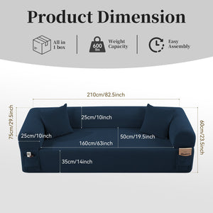 Spring Sofa with High-Quality Fabric and Storage - Blue