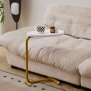 C-Shaped Side Table with Durable Metal & Wood - Dark Brown or White