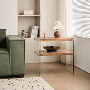 Light Brown Side Table with Tempered Glass Top - Fully Assembled