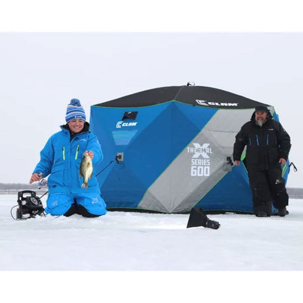 CLAM X-600 Portable 11.5 Ft 7 Person Pop Up Ice Fishing Thermal Hub Shelter Tent