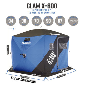 CLAM X-600 Portable 11.5 Ft 6 Person Pop Up Ice Fishing Thermal Hub Shelter Tent