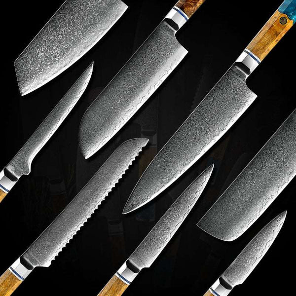 Allure Professional Japanese VG10 Damascus 8-Pcs Knife Set with Exotic Olive Burl Wood & Resin Handle