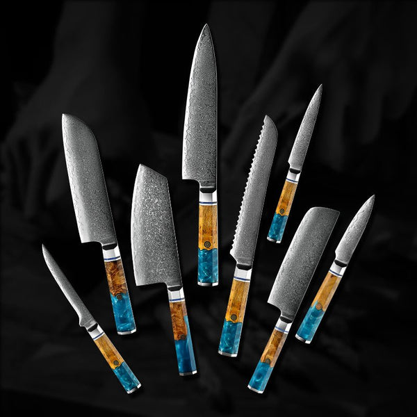 Allure Professional Japanese VG10 Damascus 8-Pcs Knife Set with Exotic Olive Burl Wood & Resin Handle