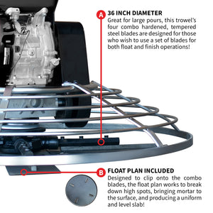 36" Concrete Power Trowel 6HP Kohler Float Pan Screed Edge Cement Finishing Tool - TRAPSKI
