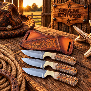 CONEBACK RANGER KNIFES – RANCH COWBOY KNIVES SET WITH CROSS-DRAW LEATHER POUCH