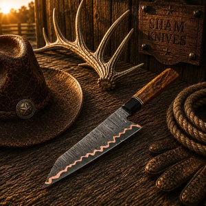 Handmade Copper Damascus Chef Knife – Octagonal Rosewood Handle