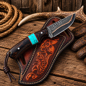 Copper Damascus Cross Draw Knife – Wenge Wood & Turquoise Inlay Handle