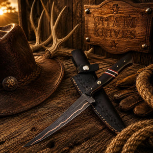 Handcrafted Copper Damascus Fillet Knife – Wenge Wood Handle & Leather Sheath