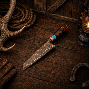 Copper Damascus Gyuto Chef Knife – Turquoise Resin Handle